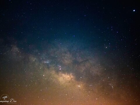 The brightest object on top right is Jupiter, followed by Constellation Scorpius. Mars with a red hue sits on top of the galactic bulge. Saturn is on the bottom-left edge of the core, over the teacup Constellation Saggitarius.